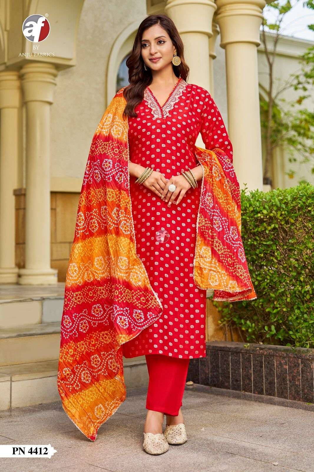 D.NO:- PN 4412 BY ANJU FABRICS IN RUSSIAN SILK KURTI PANT WITH LEHERIYA BANDHEJ DUPATTA 