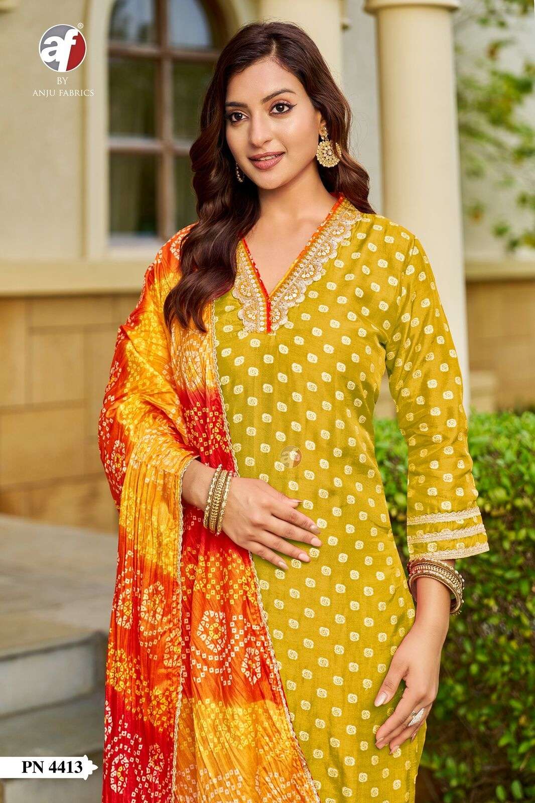 D.NO:- PN 4413 BY ANJU FABRICS IN RUSSIAN SILK KURTI PANT WITH LEHERIYA BANDHEJ DUPATTA 