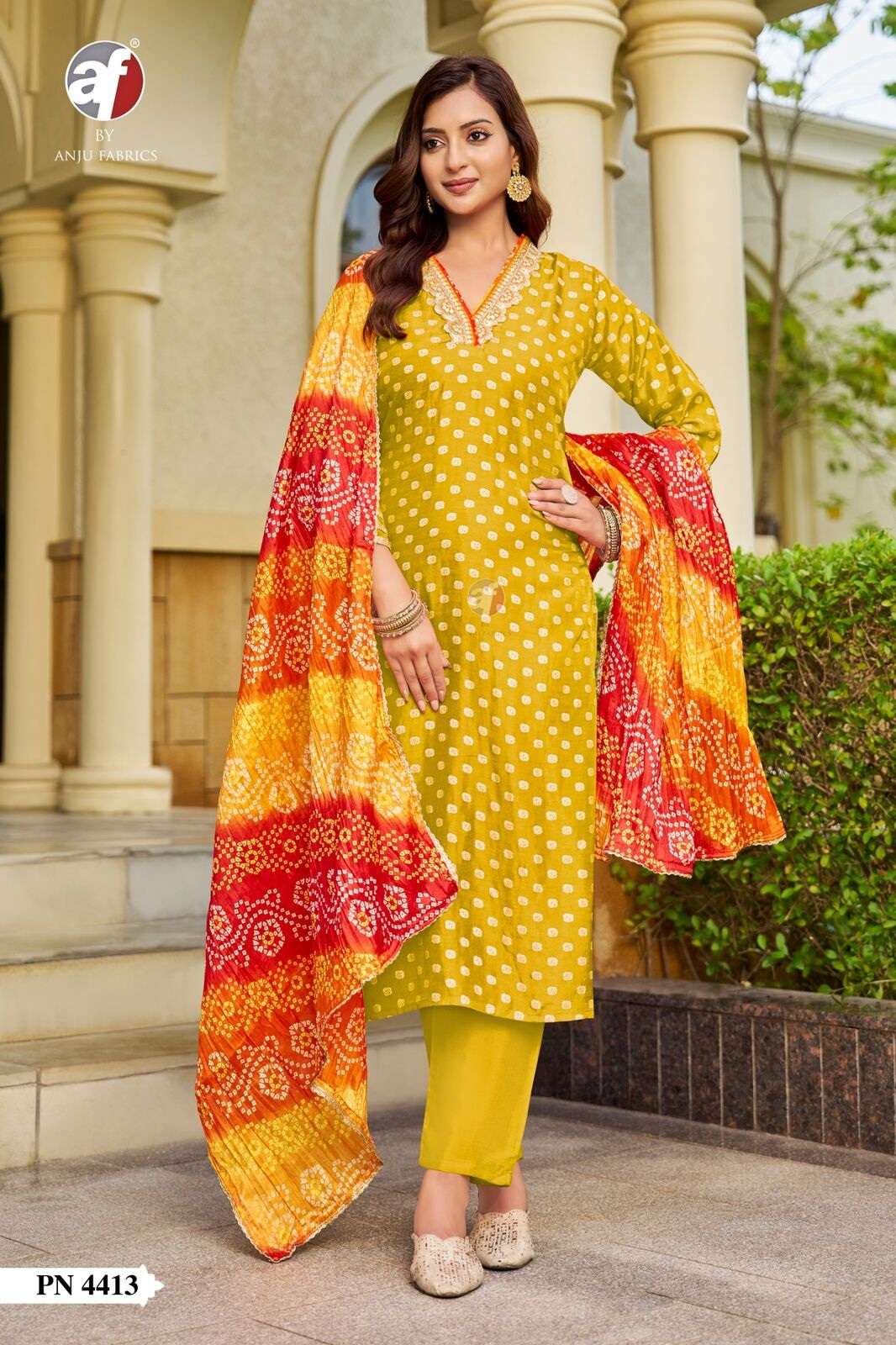 D.NO:- PN 4413 BY ANJU FABRICS IN RUSSIAN SILK KURTI PANT WITH LEHERIYA BANDHEJ DUPATTA 