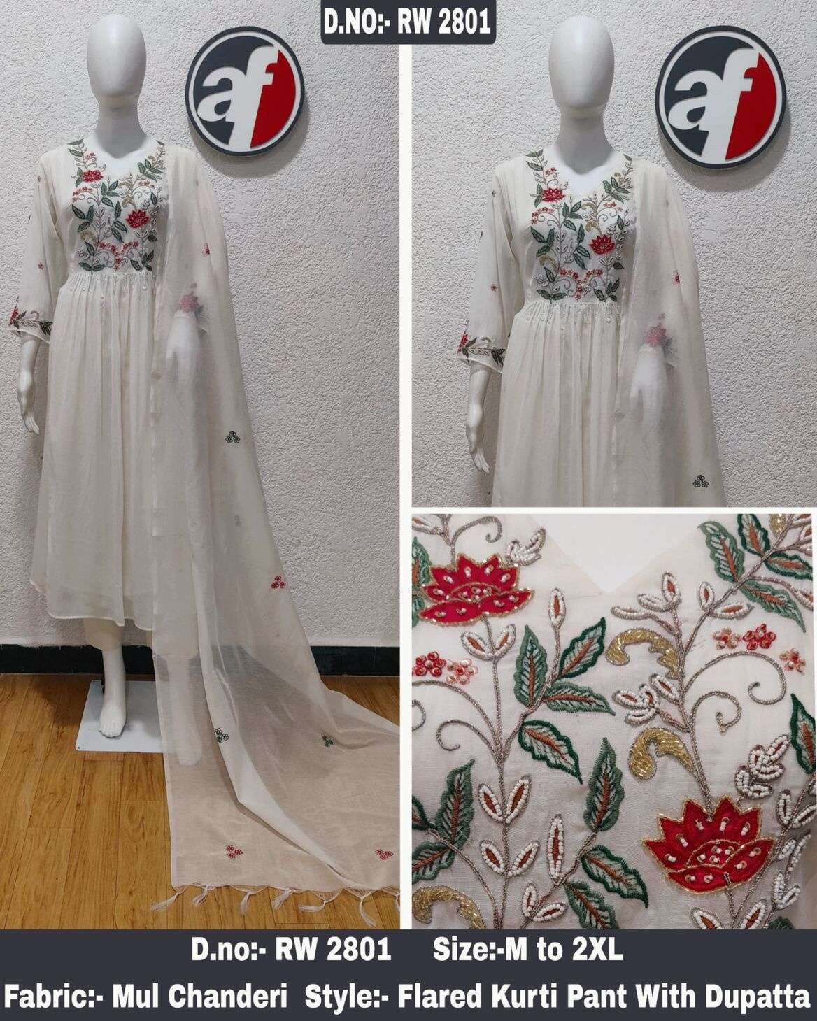 D.NO:- RW 2801 BY ANJU FABRICS IN PURE MUL CHANDERI FLARED KURTI  PANT WITH DUPATTA 