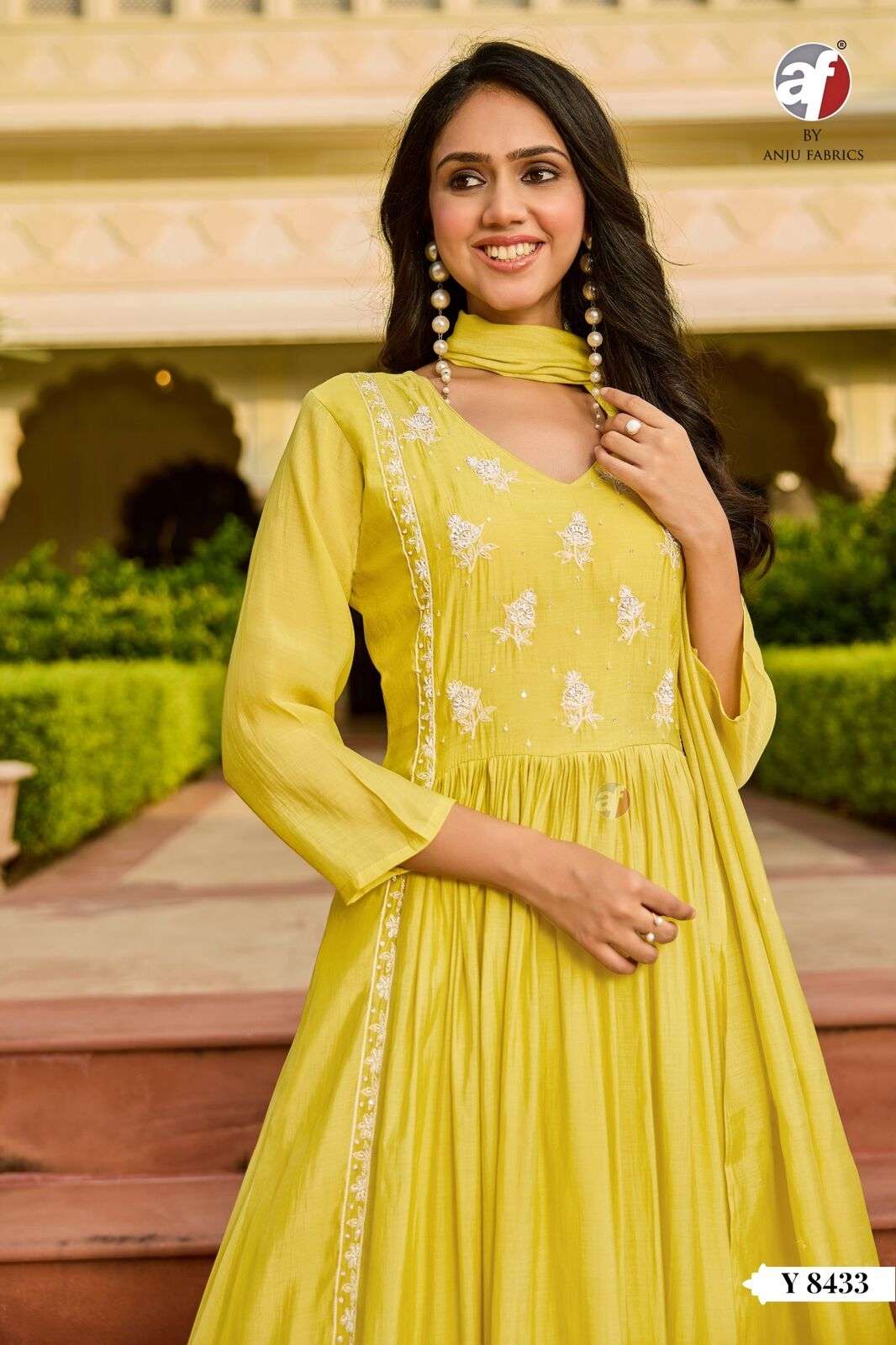 D.NO:- Y 8433 BY ANJU FABRICS IN MUL CHANDERI FLARED KURTI PANT WITH DUPATTA 