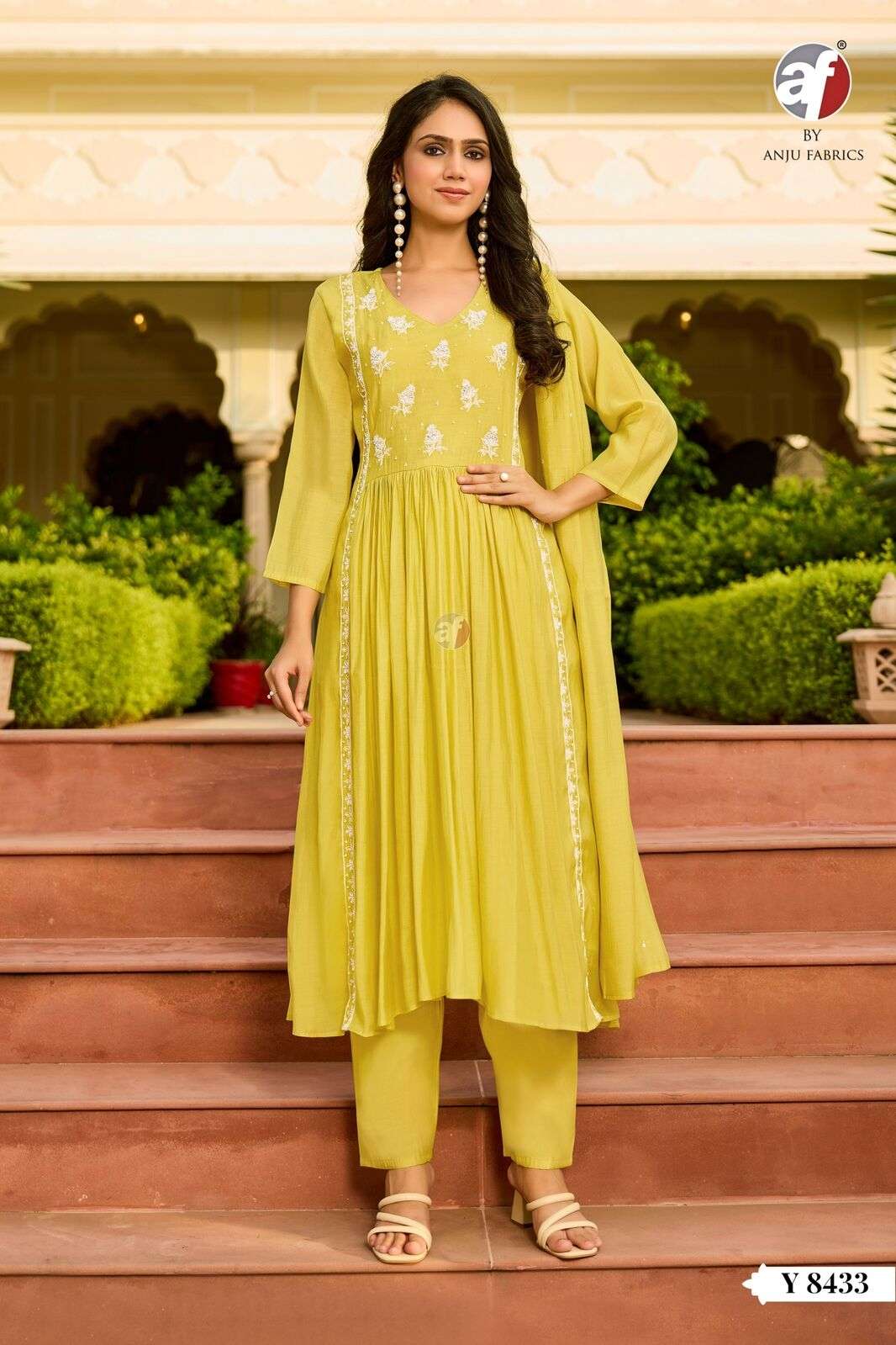 D.NO:- Y 8433 BY ANJU FABRICS IN MUL CHANDERI FLARED KURTI PANT WITH DUPATTA 