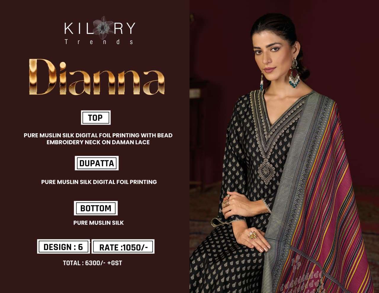 DIANNA BY KILORY TRENDS IN PURE MUSLIN SILK DIGITAL FOIL PRINTING WITH EMBROIDERY WORK 