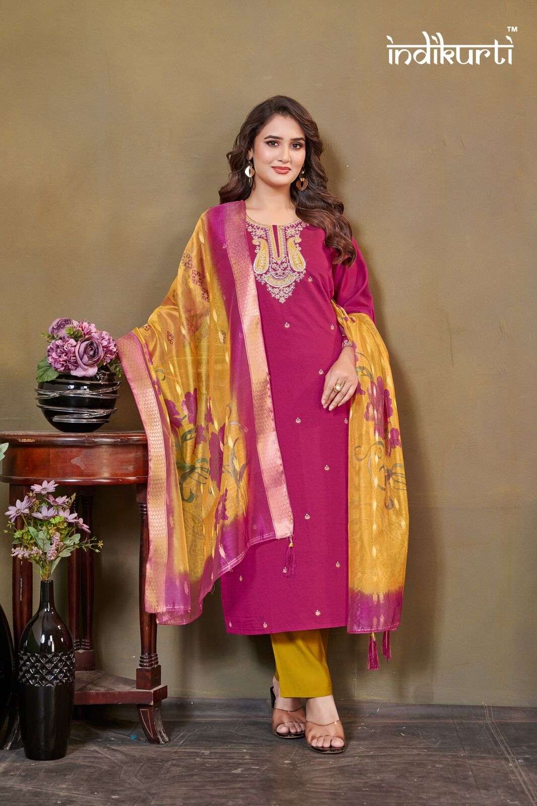 DIVYA BY INDIKURTI IN VATICAN SILK & HEAVY CRAPE INNER WITH FANCY EMBROIDERY WORK 