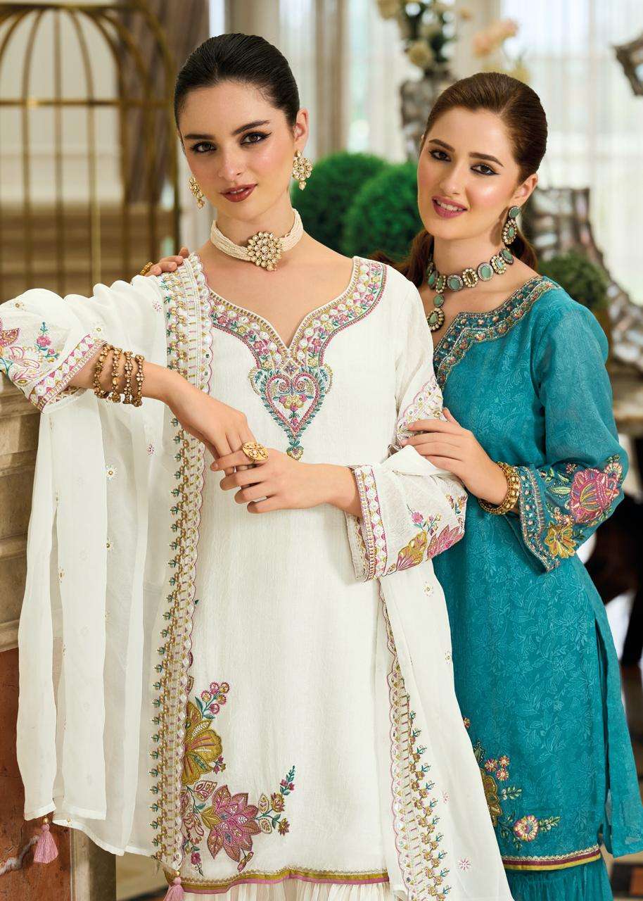 HAMSAFAR BY PRM INDIA IN ORGANZA CRUSH WITH EMBOS PRINT SHARARA AND HAND WORK 