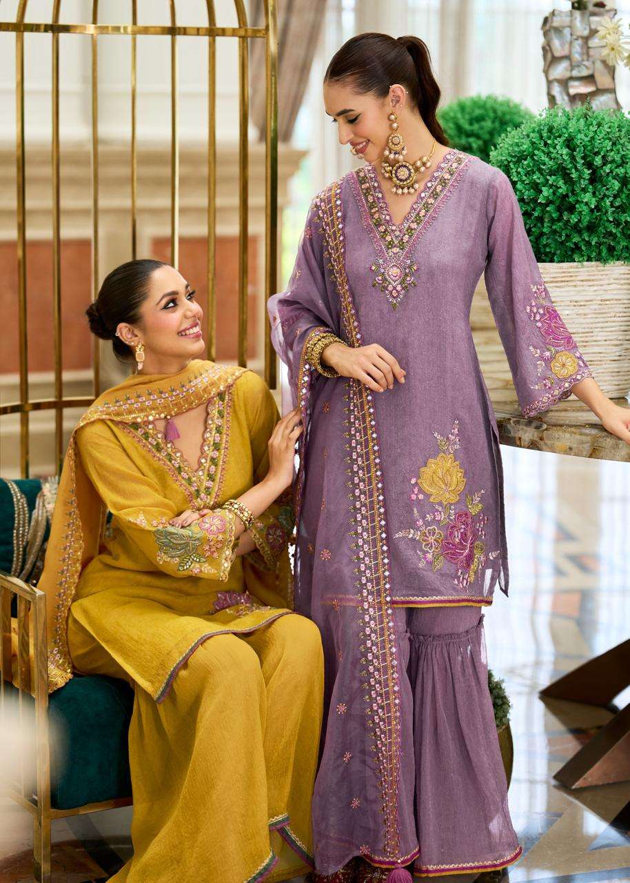 HAMSAFAR BY PRM INDIA IN ORGANZA CRUSH WITH EMBOS PRINT SHARARA AND HAND WORK 