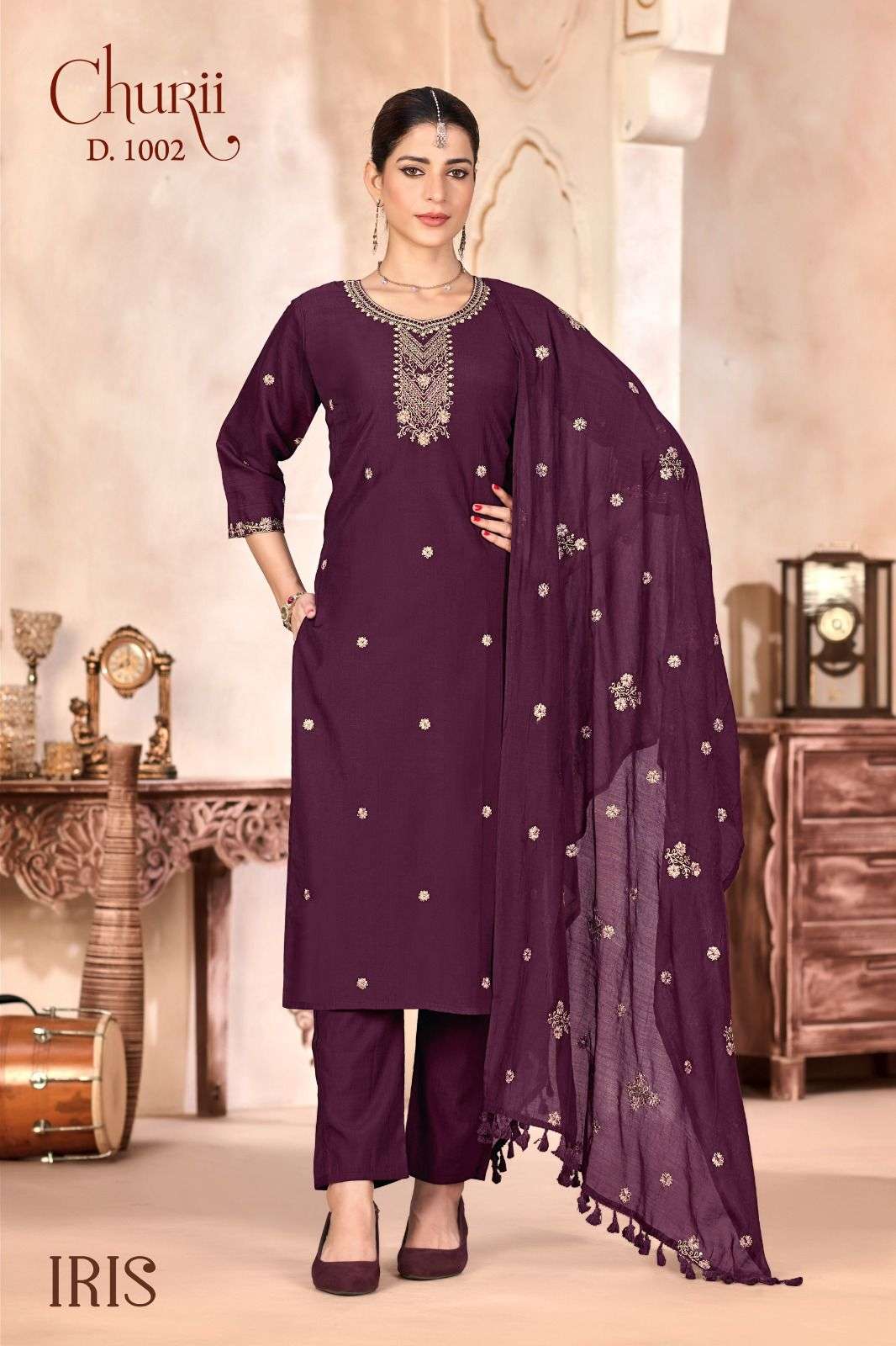 IRIS BY CHURII IN SOFT VISCOSE VATICAN WITH BEAUTIFUL EMBROIDERY AND SLEEVES WORK 