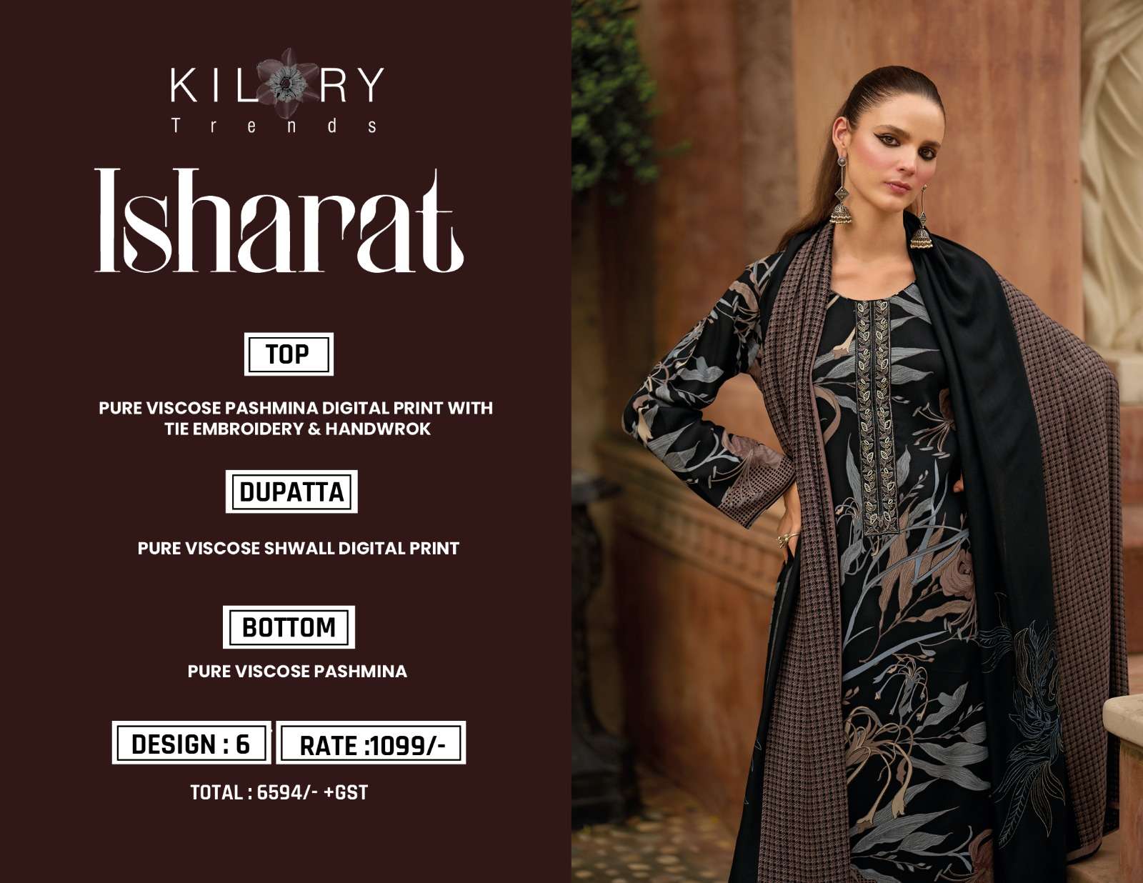 ISHARAT BY KILORY TRENDS IN PURE VISCOSE PASHMINA DIGITAL FOIL PRINT WITH EMBROIDERY WORK 