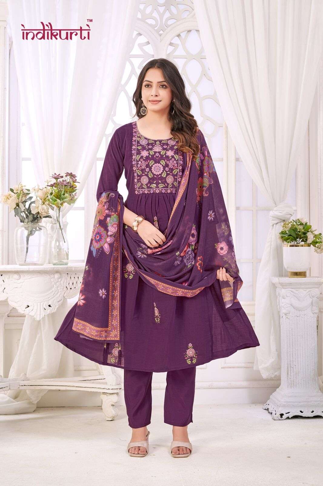 ISHITA-2 BY INDIKURTI IN MULL CHANDERI WITH FANCY EMBROIDERY WORK COMBO PACKING 