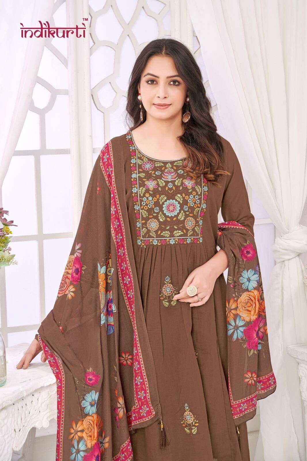 ISHITA-2 BY INDIKURTI IN MULL CHANDERI WITH FANCY EMBROIDERY WORK COMBO PACKING 