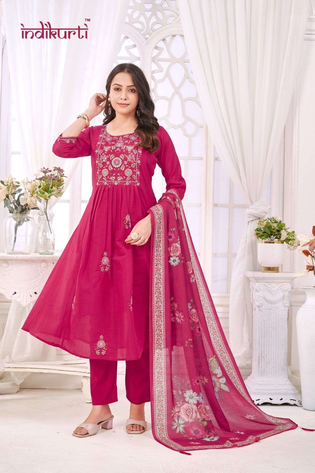 ISHITA-2 BY INDIKURTI IN MULL CHANDERI WITH FANCY EMBROIDERY WORK COMBO PACKING 