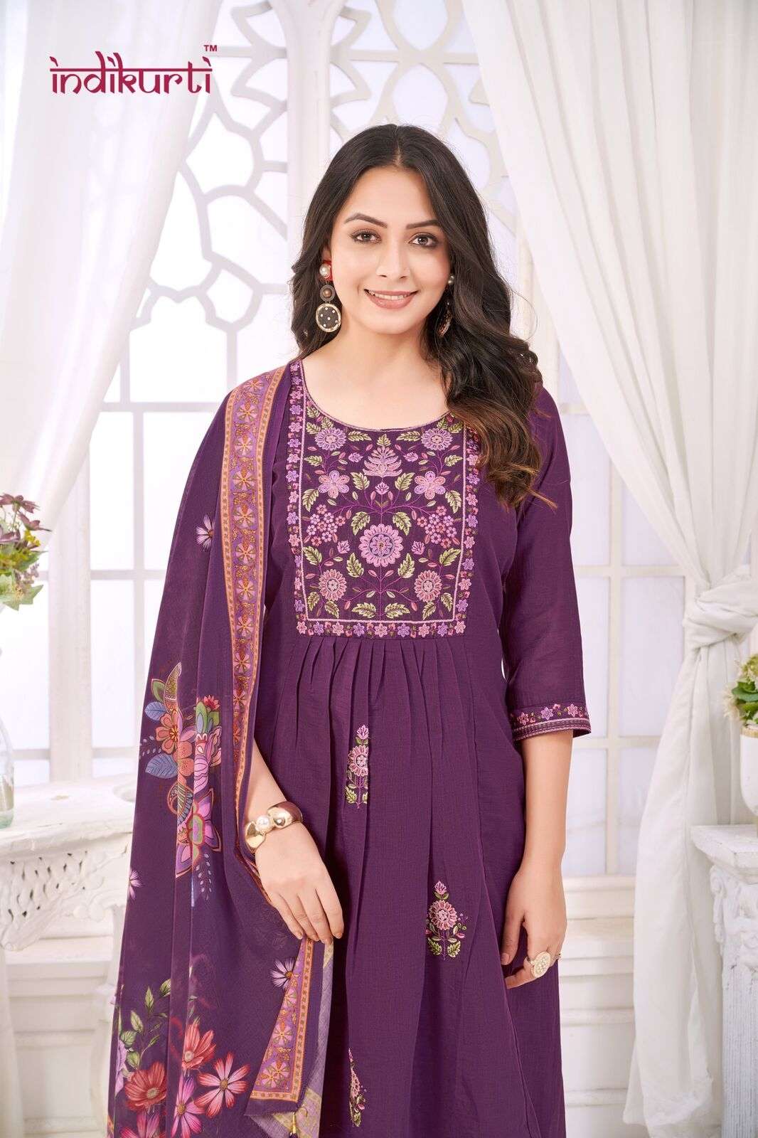 ISHITA-2 BY INDIKURTI IN MULL CHANDERI WITH FANCY EMBROIDERY WORK COMBO PACKING 