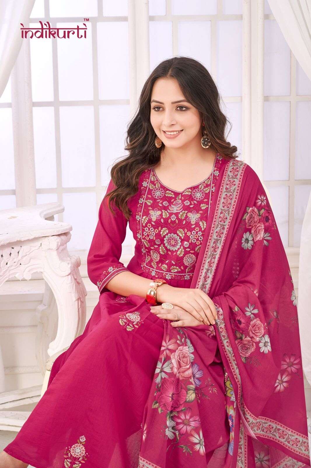 ISHITA-2 BY INDIKURTI IN MULL CHANDERI WITH FANCY EMBROIDERY WORK COMBO PACKING 