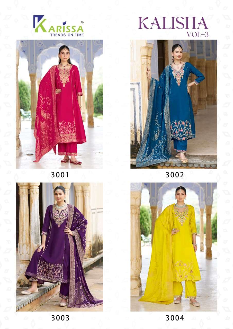 KALISHA VOL-3 BY KARISSA PURE VISCOSE SEQUENCE CODING THREAD WORK TOP PANT WITH DUPATTA 