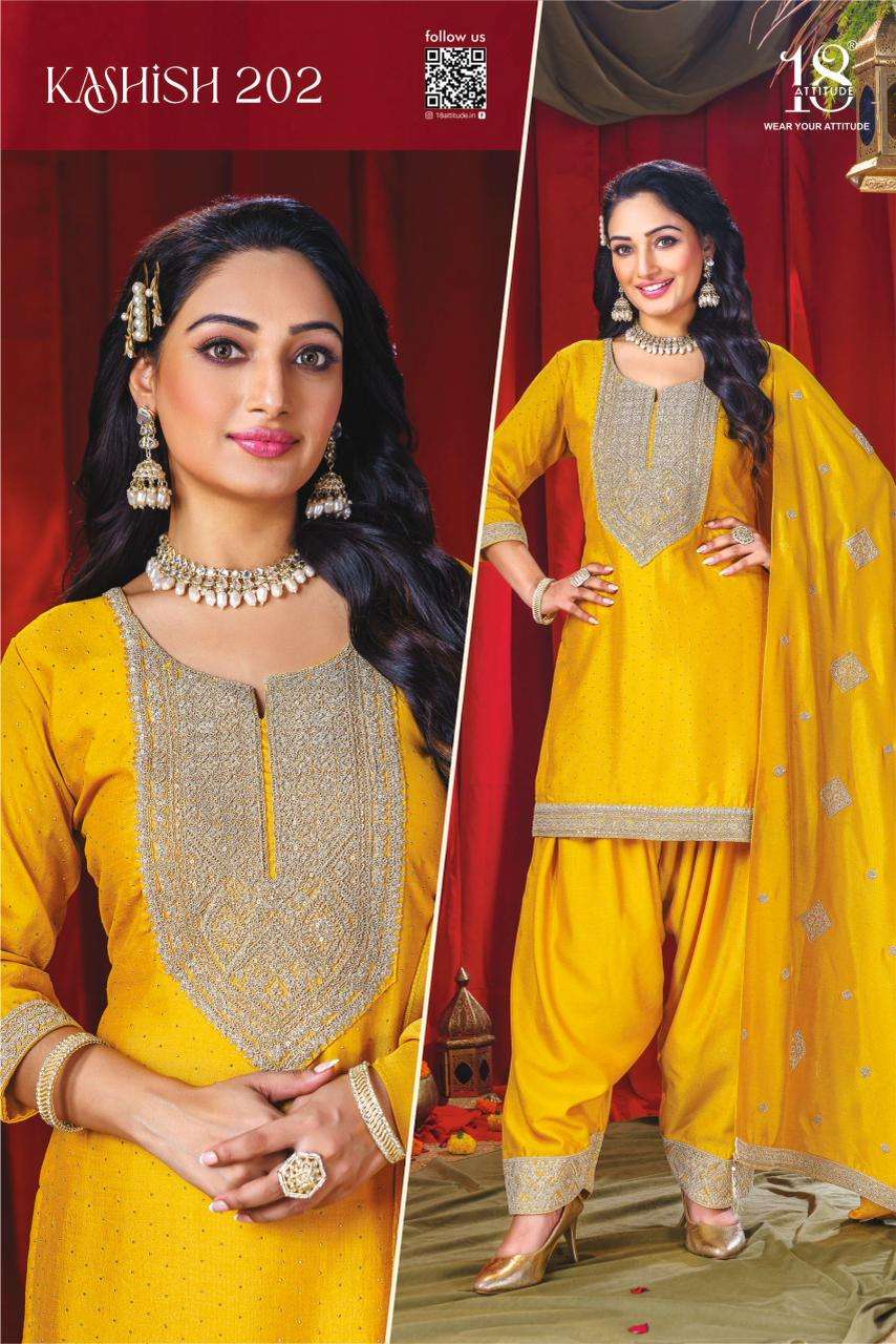 KASHISH VOL-2 BY 18 ATTITUDE IN PREMIUM VICHITRA SILK KURTI DUPPATA WITH FARSHI SALWAR 