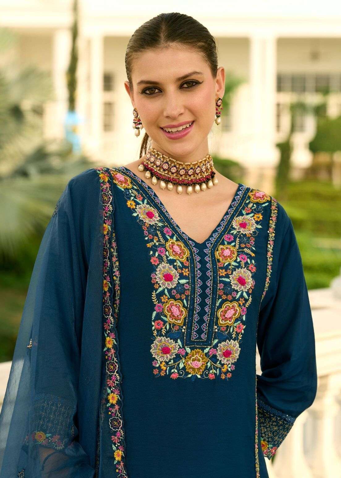 KHAYAAL BY PRM INDIA IN PURE MULL CHANDERI KUDTI WITH EMRODARY WORK AND DUPATTA 