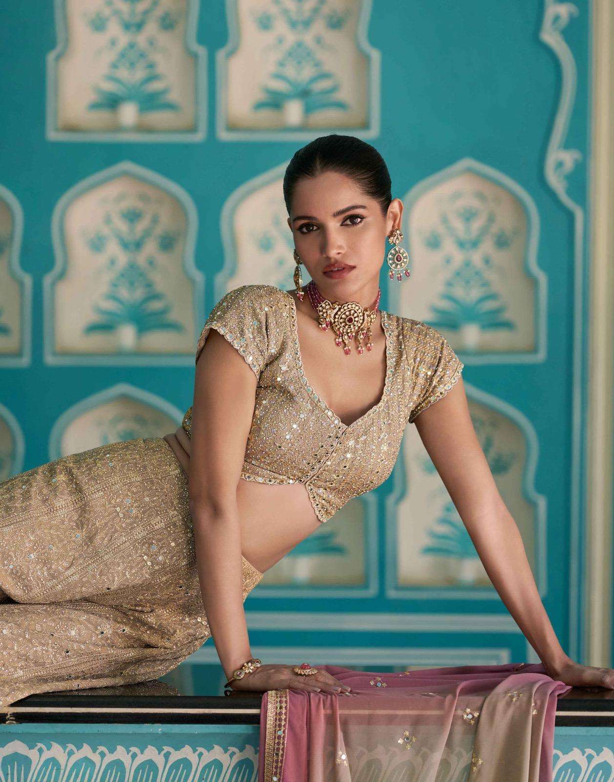 LASKARA BY SAYURI DESIGNER IN REAL PREMIUM GEROGETTE WITH EMBROIDERED SEROSKI WORK 