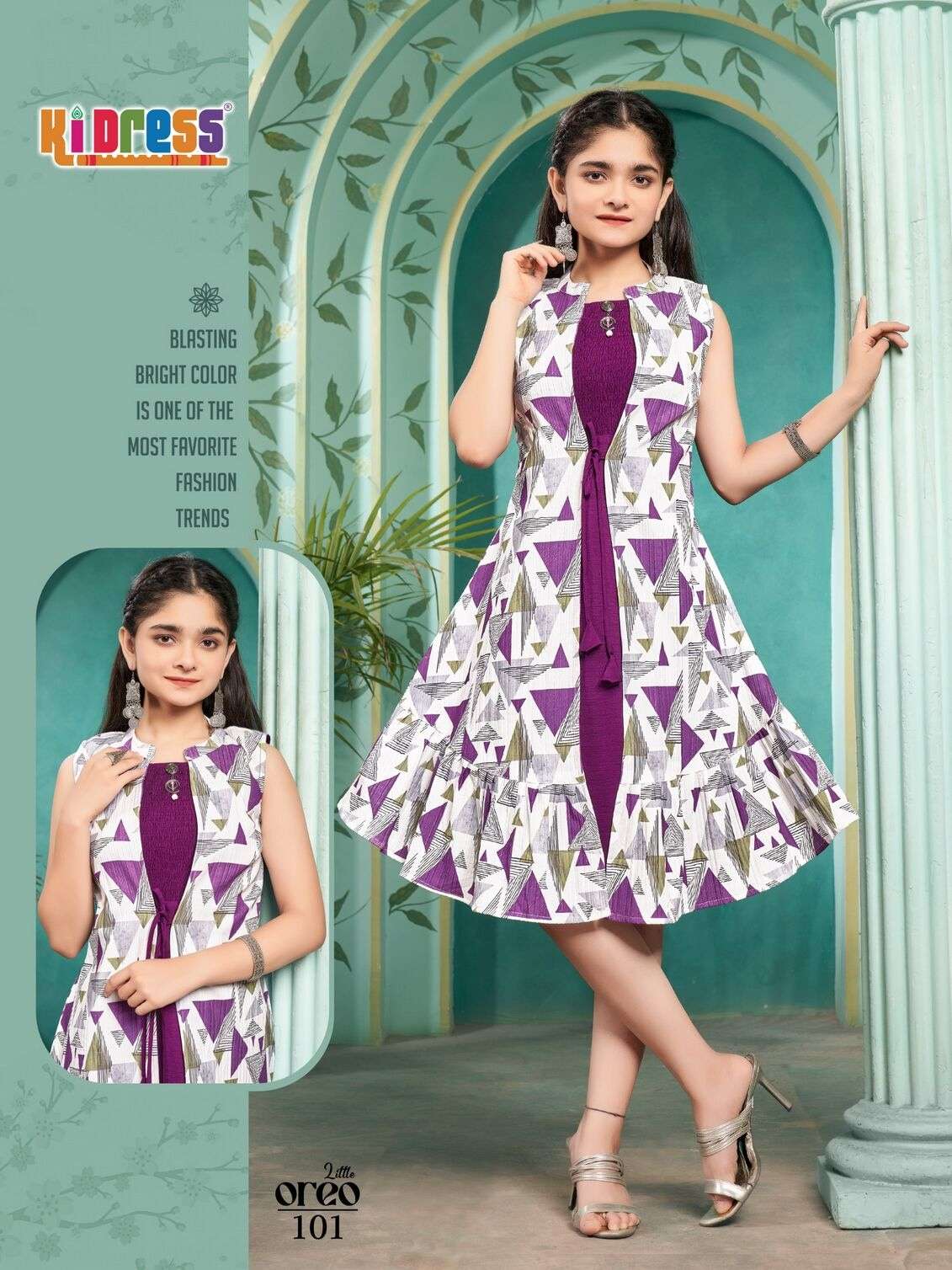 LITTLE OREO BY KI DRESS IN VATICAN PRINTED COAT WITH INNER SMOKE KURTI COMBO 