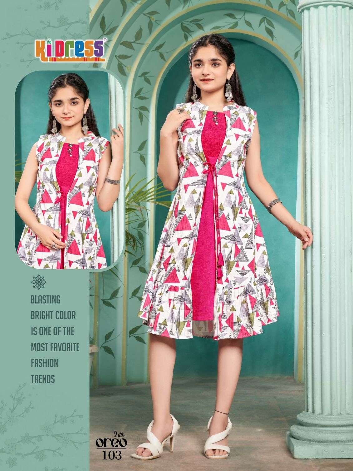 LITTLE OREO BY KI DRESS IN VATICAN PRINTED COAT WITH INNER SMOKE KURTI COMBO 
