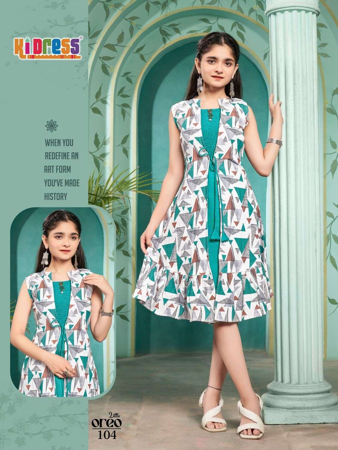 LITTLE OREO BY KI DRESS IN VATICAN PRINTED COAT WITH INNER SMOKE KURTI COMBO 