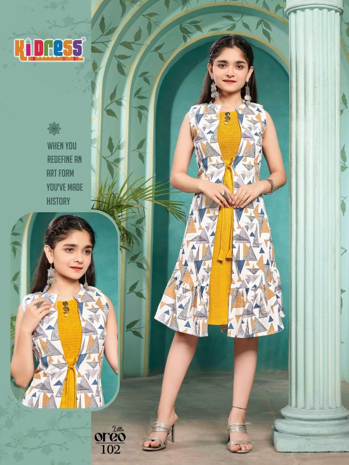 LITTLE OREO BY KI DRESS IN VATICAN PRINTED COAT WITH INNER SMOKE KURTI COMBO 