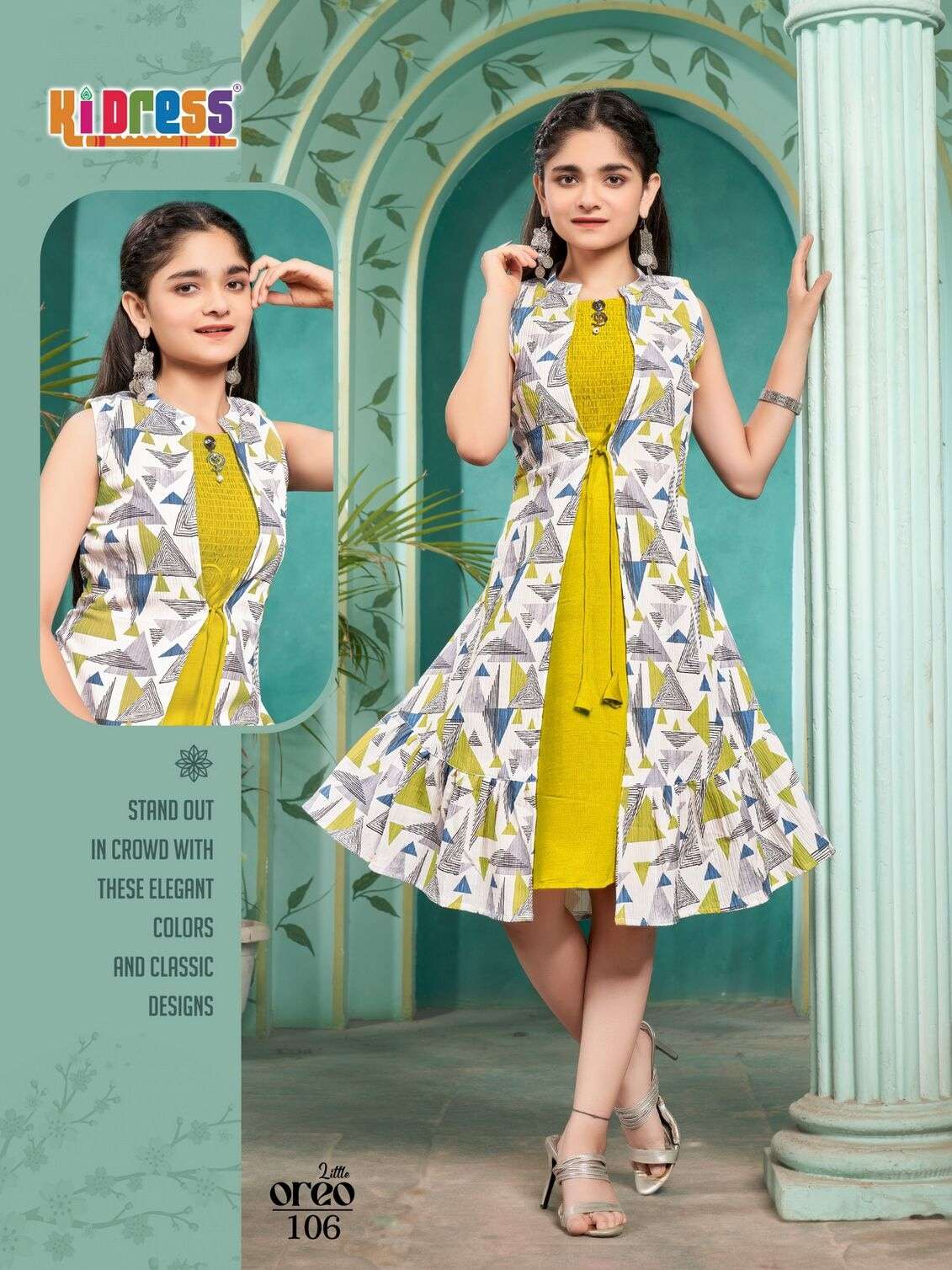 LITTLE OREO BY KI DRESS IN VATICAN PRINTED COAT WITH INNER SMOKE KURTI COMBO 