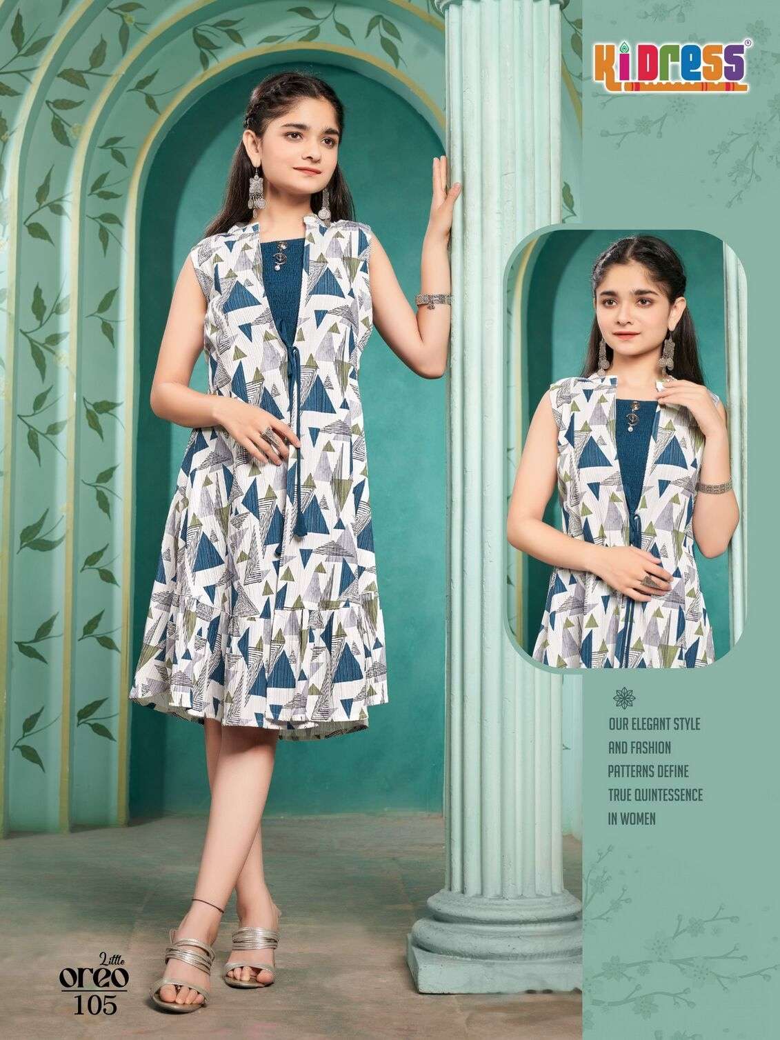 LITTLE OREO BY KI DRESS IN VATICAN PRINTED COAT WITH INNER SMOKE KURTI COMBO 
