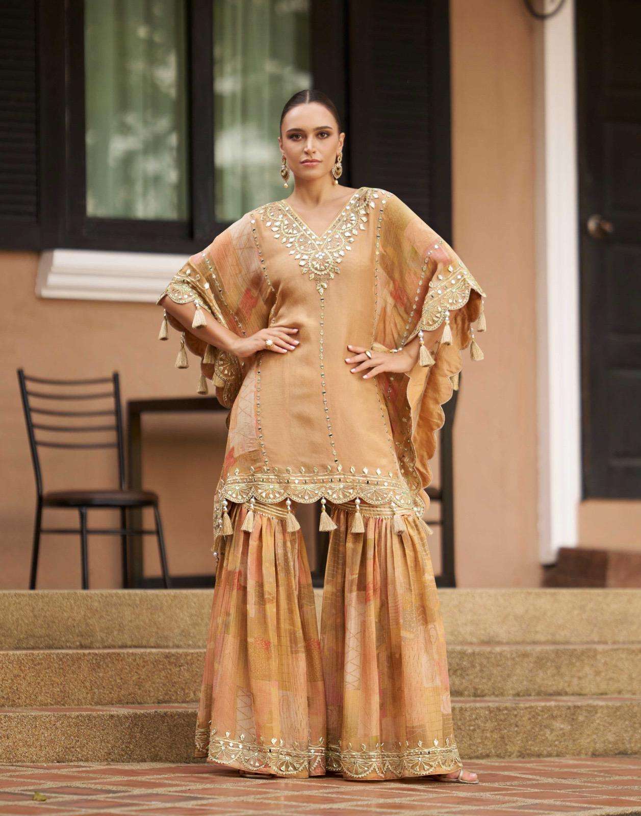 MAGIC BY SAYURI DESIGNER IN PURE VISCOS JACQUARD SILK KAFTAN WITH GHARARA ON MIRROR WORK 