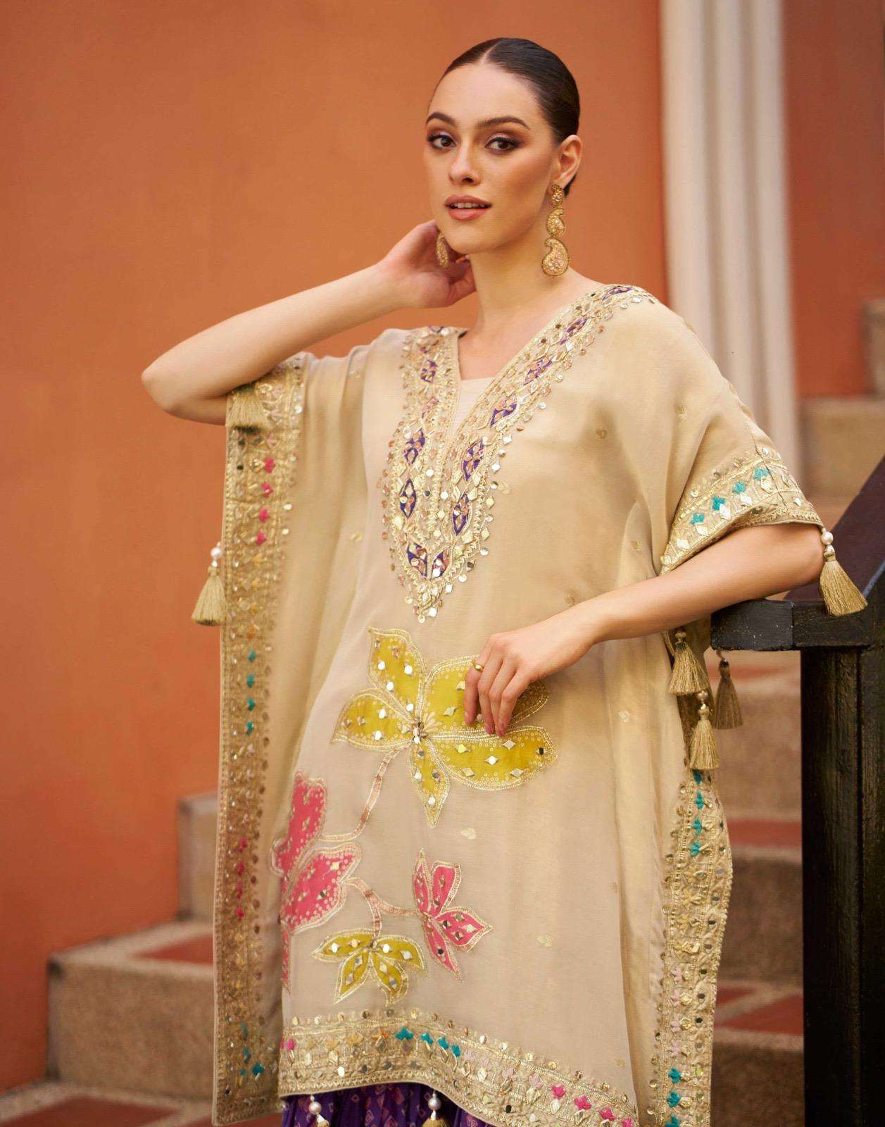 MAGIC BY SAYURI DESIGNER IN PURE VISCOS JACQUARD SILK KAFTAN WITH GHARARA ON MIRROR WORK 