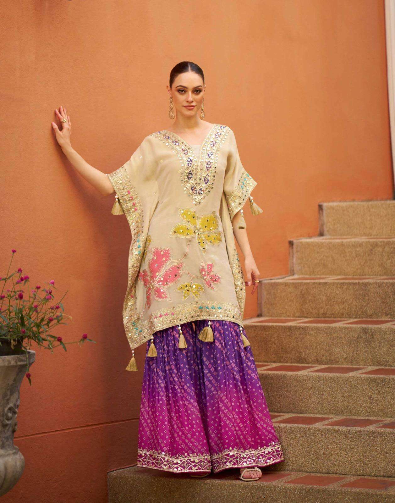 MAGIC BY SAYURI DESIGNER IN PURE VISCOS JACQUARD SILK KAFTAN WITH GHARARA ON MIRROR WORK 