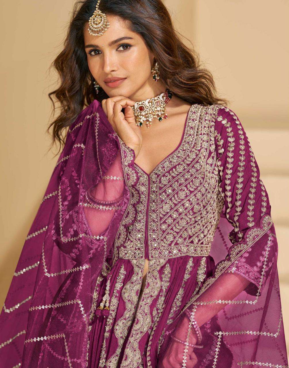 MIRZA BY SAYURI DESIGNER IN PREMIUM REAL CHINON SILK WITH FRONT AND BACK EMBROIDERED 