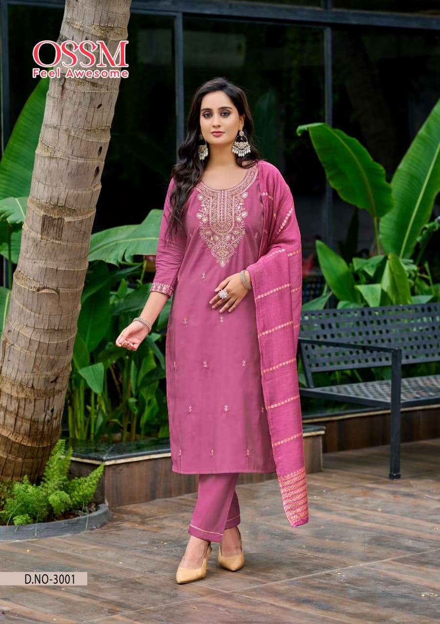 MISHU VOL-3 BY OSSM ROMAN SIMMER HEAVY EMBROIDERY WORK KURTI PANT WITH DUPATTA 