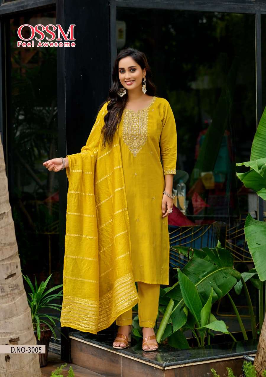 MISHU VOL-3 BY OSSM ROMAN SIMMER HEAVY EMBROIDERY WORK KURTI PANT WITH DUPATTA 