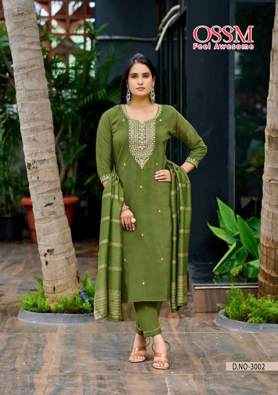 MISHU VOL-3 BY OSSM ROMAN SIMMER HEAVY EMBROIDERY WORK KURTI PANT WITH DUPATTA 
