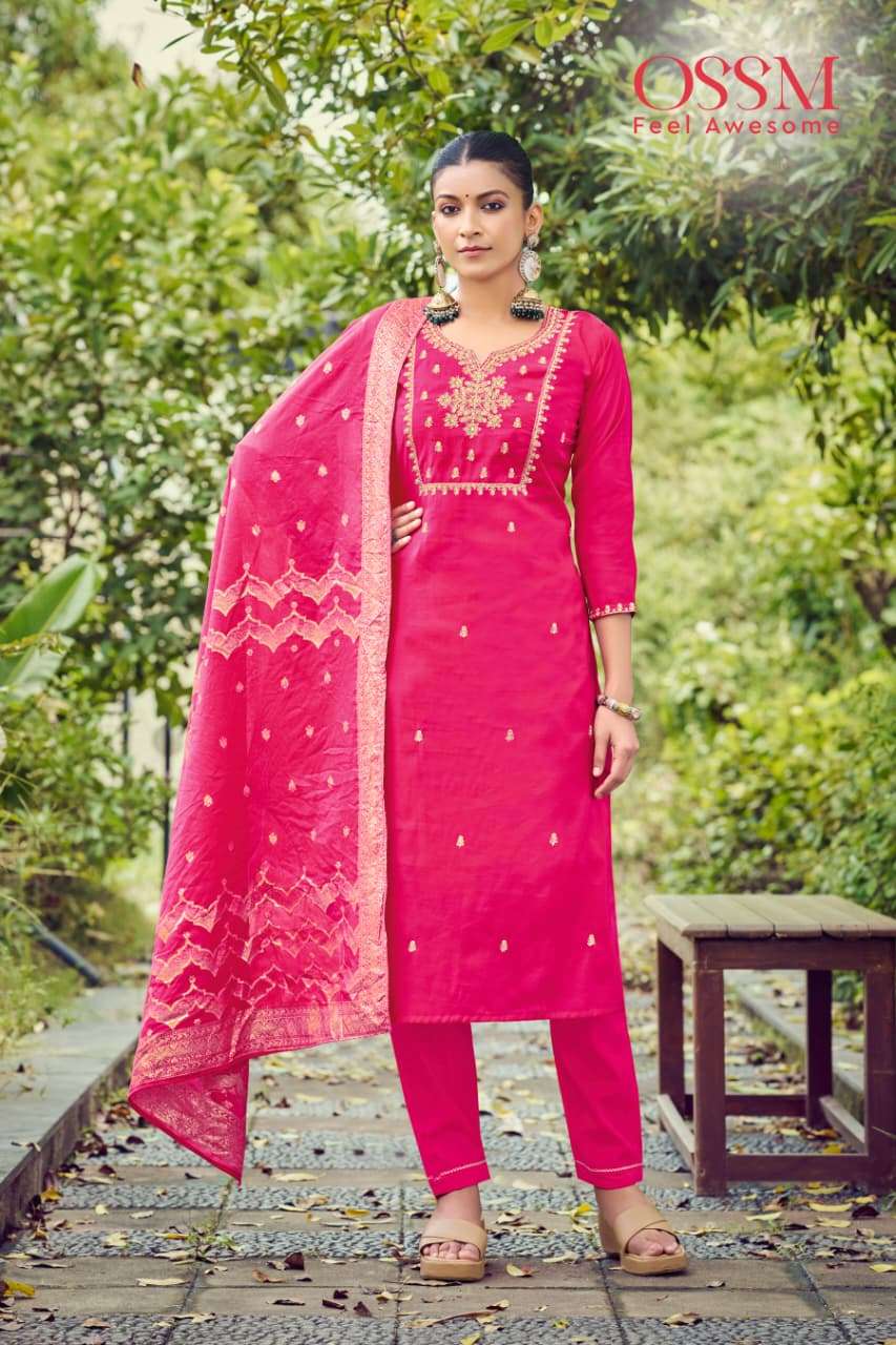 MONALISA VOL-7 BY OSSM PREMIUM VISCOSE ROMAN SLUB HEAVY EMBROIDERY WORK KURTI PANT WITH DUPATTA 