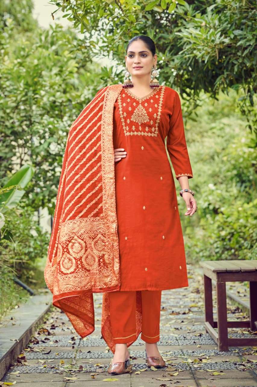 MONALISA VOL-7 BY OSSM PREMIUM VISCOSE ROMAN SLUB HEAVY EMBROIDERY WORK KURTI PANT WITH DUPATTA 