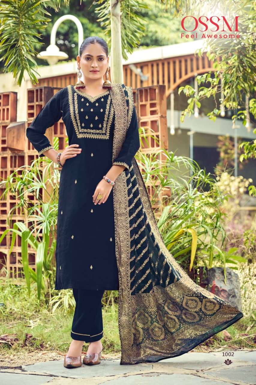 MONALISA VOL-7 BY OSSM PREMIUM VISCOSE ROMAN SLUB HEAVY EMBROIDERY WORK KURTI PANT WITH DUPATTA 