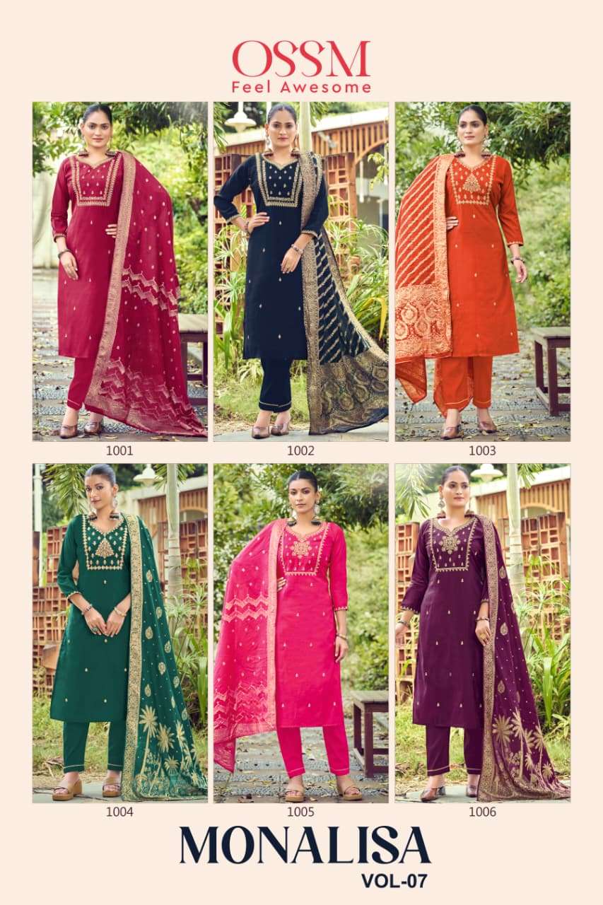 MONALISA VOL-7 BY OSSM PREMIUM VISCOSE ROMAN SLUB HEAVY EMBROIDERY WORK KURTI PANT WITH DUPATTA 