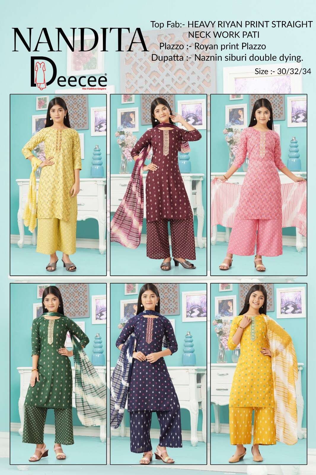 NANDITA BY DEECEE IN HEAVY RAYON PRINT STRAIGHT TOP WITH NECK WORK PATTI 