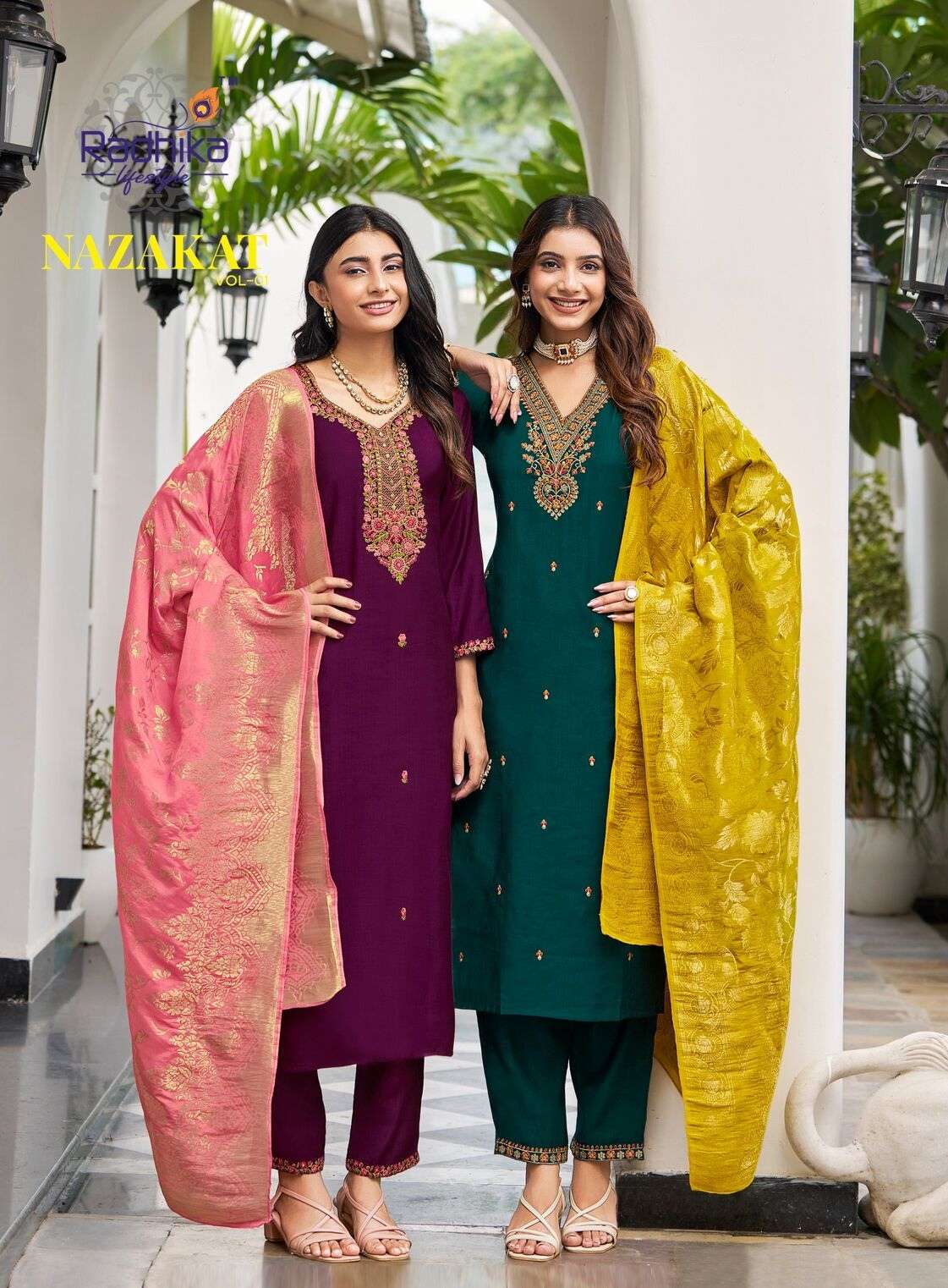 NAZAKAT VOL-1 BY RADHIKA LIFESTYLE IN VATICAN SILK KURTI PANT WITH JACQUARD DUPATTA 