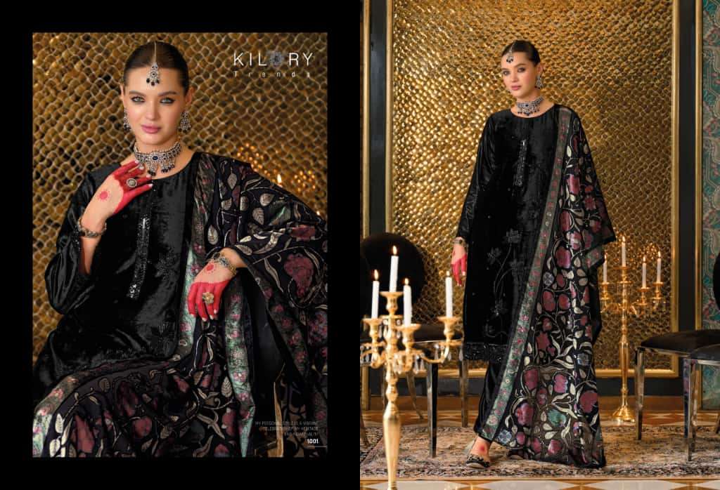 NAZM BY KILORY TRENDS IN PURE VALVET WITH PLACE MENT BEADS EMBROIDERY NECK 