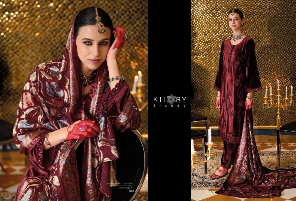 NAZM BY KILORY TRENDS IN PURE VALVET WITH PLACE MENT BEADS EMBROIDERY NECK 