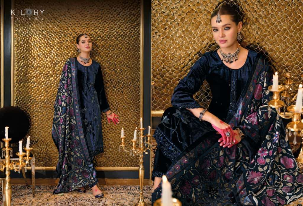 NAZM BY KILORY TRENDS IN PURE VALVET WITH PLACE MENT BEADS EMBROIDERY NECK 