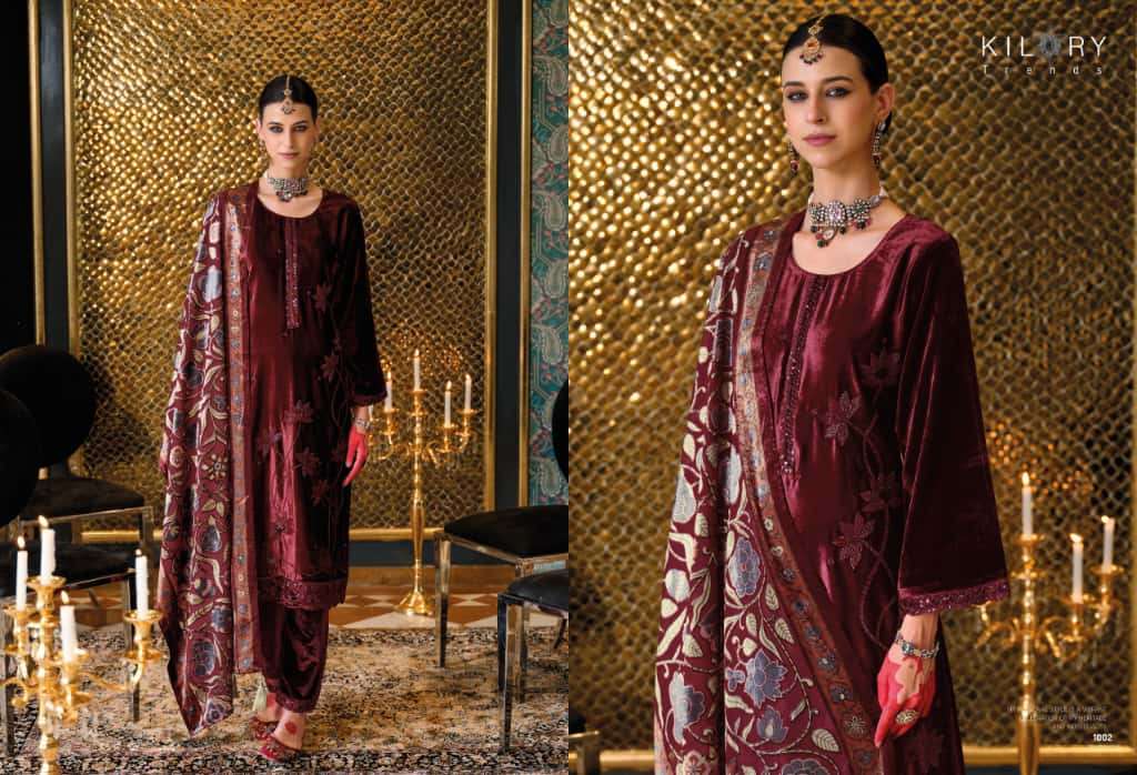 NAZM BY KILORY TRENDS IN PURE VALVET WITH PLACE MENT BEADS EMBROIDERY NECK 