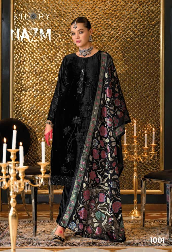 NAZM BY KILORY TRENDS IN PURE VALVET WITH PLACE MENT BEADS EMBROIDERY NECK 