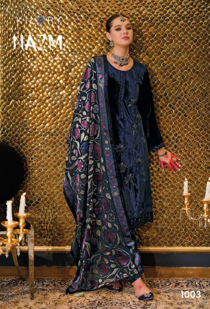 NAZM BY KILORY TRENDS IN PURE VALVET WITH PLACE MENT BEADS EMBROIDERY NECK 