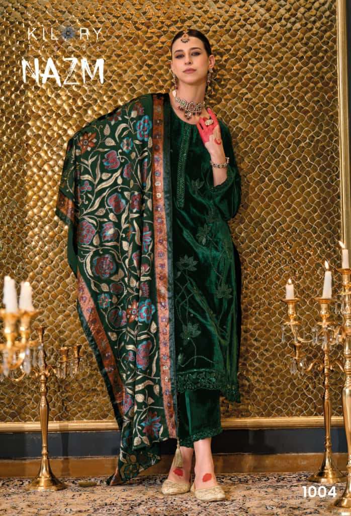 NAZM BY KILORY TRENDS IN PURE VALVET WITH PLACE MENT BEADS EMBROIDERY NECK 