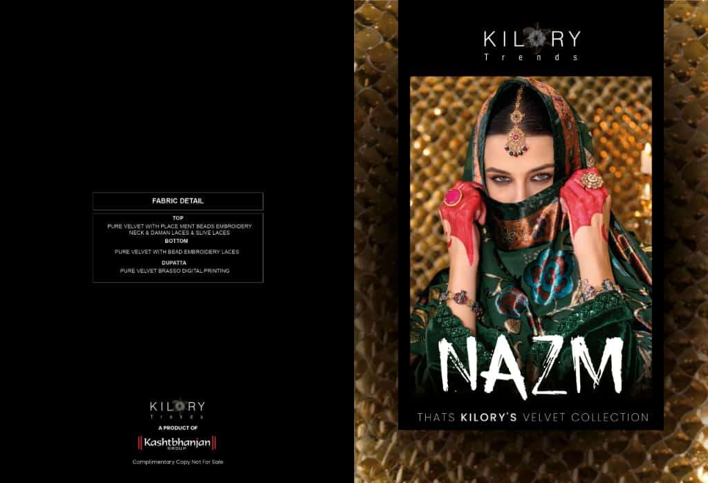 NAZM BY KILORY TRENDS IN PURE VALVET WITH PLACE MENT BEADS EMBROIDERY NECK 