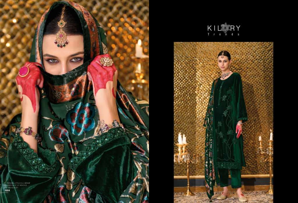 NAZM BY KILORY TRENDS IN PURE VALVET WITH PLACE MENT BEADS EMBROIDERY NECK 