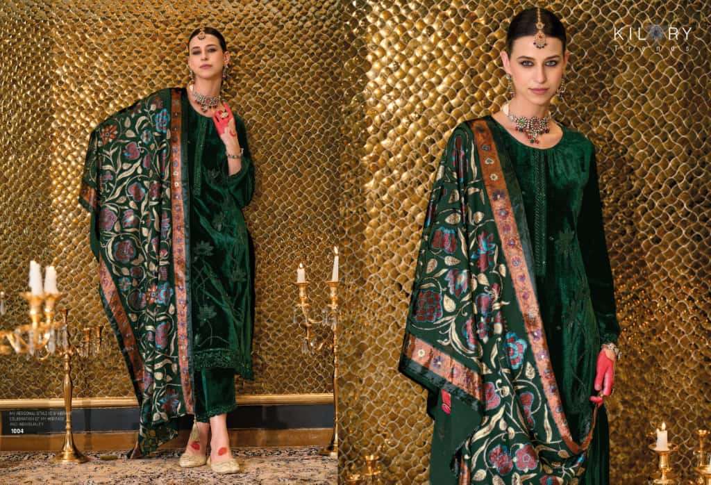 NAZM BY KILORY TRENDS IN PURE VALVET WITH PLACE MENT BEADS EMBROIDERY NECK 